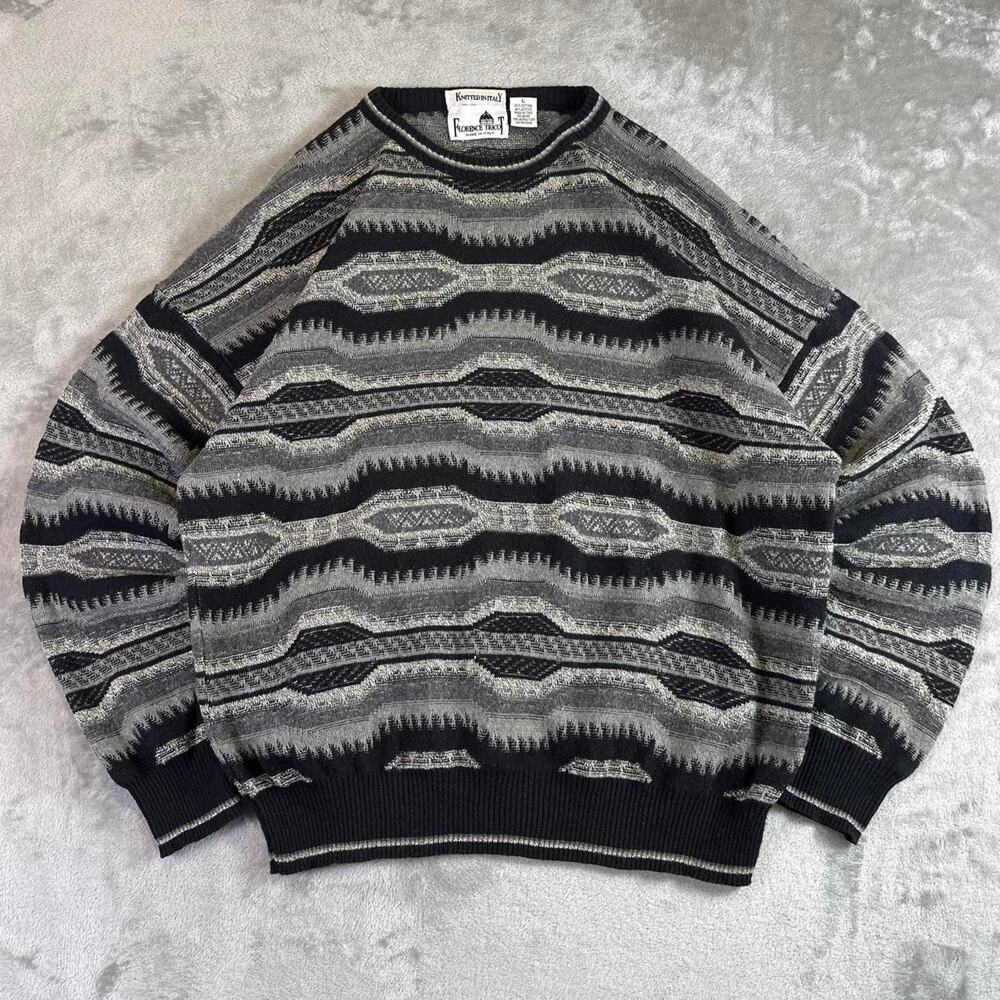 VTG 90s Florence Tricot Sweater Mens L Made In Italy Knit Y2K Coogi Pattern